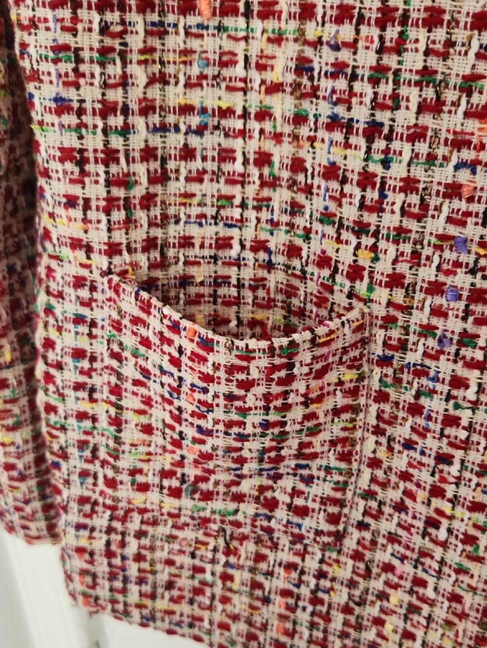 Office Work Red Multicolor Tweed Open-Front Blazer Jacket - Size L (Fits like S) - Picture 3 of 6